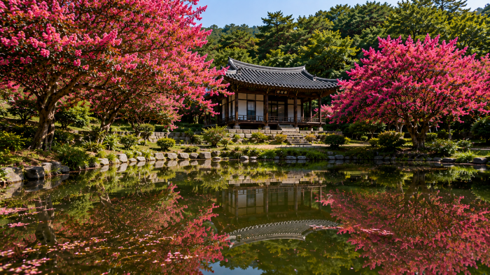 담양 명옥헌 원림 연못에 비친 배롱나무 반영