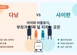 다낭과 사이판 가족여행을 비교하며 부모와 아이가 여행가방 앞에 선 일러스트형 대표 이미지