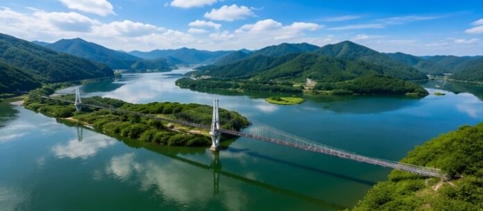 단양 시루섬과 남한강, 주변 산세와 수변 풍경이 내려다보이는 항공 전경