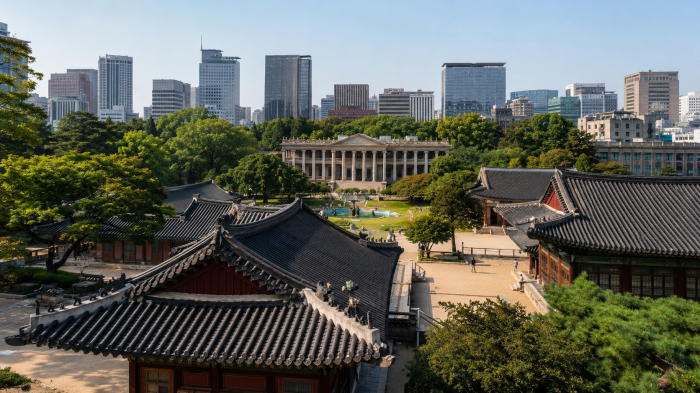덕수궁 기와지붕과 석조전, 서울 도심 전경