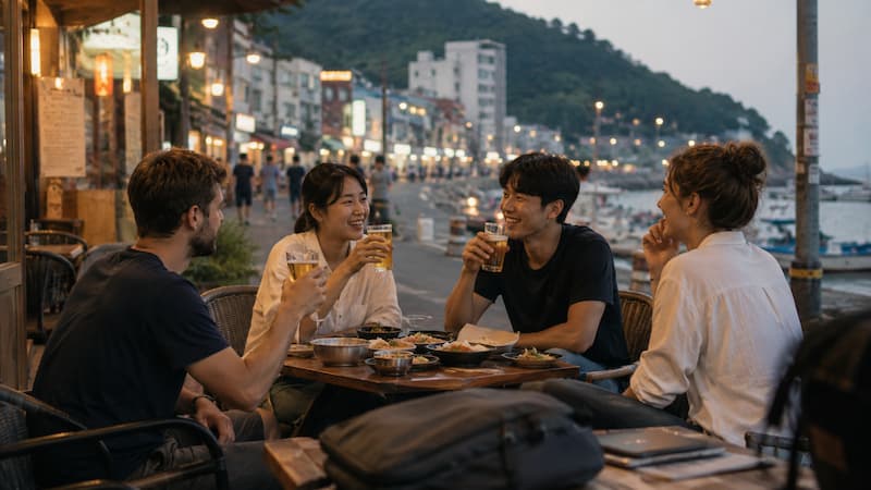 한국 지방 소도시에서 주민들과 음식과 여가를 즐기는 디지털노마드