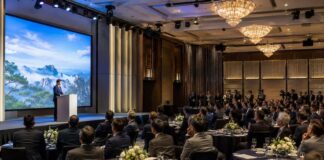 The Secret to Your Success in the Korean Market ② Practice Strategic Storytelling A formal tourism promotion event for travel industry representatives in a luxury hotel ballroom
