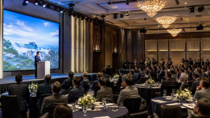 A formal tourism promotion event for travel industry representatives in a luxury hotel ballroom
