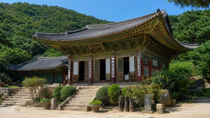푸른 정족산 숲을 배경으로 선 강화 전등사 대웅보전