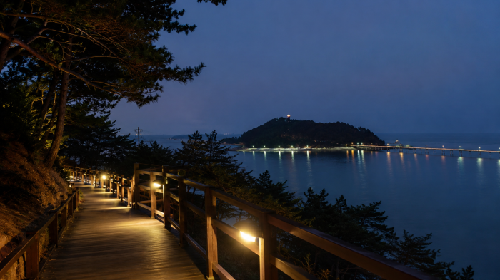조명이 켜진 가우도 해안 산책로와 다리 야경