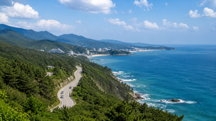 산과 동해 사이를 따라 이어지는 강릉 해안도로 풍경