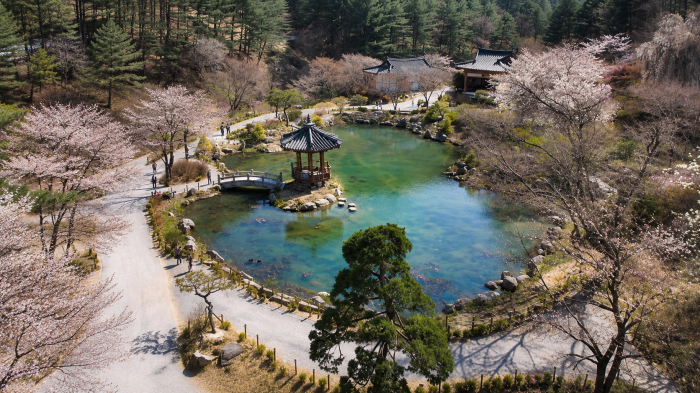 가평 아침고요수목원 연못과 전통 정자를 내려다본 전경