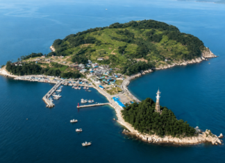 거제 시방항 앞바다에 떠 있는 이수도와 마을·선착장 전경
