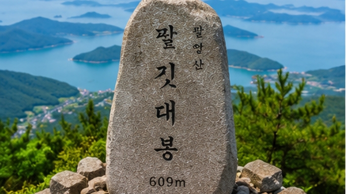고흥 팔영산 깃대봉 정상석과 다도해 바다 조망