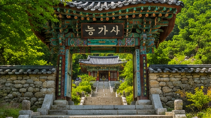 고흥 팔영산 능가사 입구와 사찰 문, 숲이 어우러진 풍경