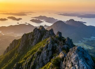 고흥 팔영산 암릉 능선과 다도해 섬들이 펼쳐진 일출 풍경