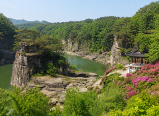 한탄강과 고석, 강변 정자가 어우러진 철원 고석정 전경