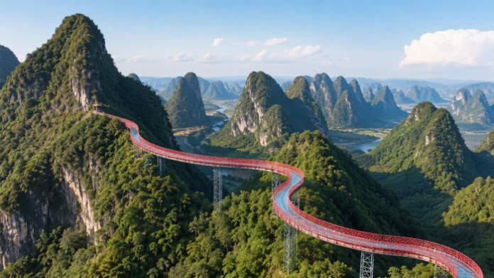 guilin_ruyifeng_red_skywalk_main 중국 구이린 양숴 루이펑 붉은 유리 스카이워크와 카르스트 봉우리 전경