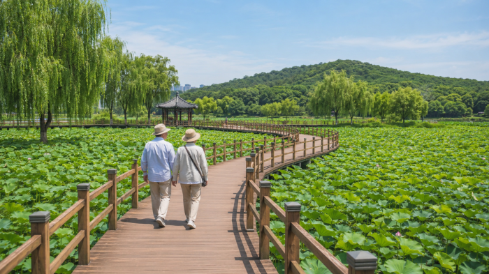 지산샛강 연꽃 데크길을 걷는 중장년 방문객