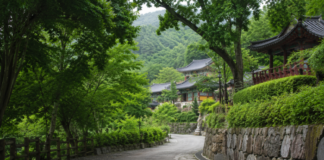 울창한 백운산 숲 사이로 보이는 광양 성불사 전경과 진입로