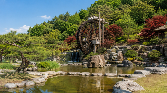 경주 보문관광단지 전통 물레방아와 여름 정원
