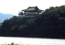 형산강 건너편에서 바라본 경주 금장대와 절벽 전경