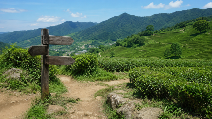 하동 화개동천 야생차밭 안내 길과 차밭, 지리산 산줄기가 보이는 풍경