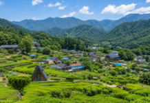 하동 화개동천 야생차밭과 지리산 자락, 산촌 마을이 어우러진 풍경