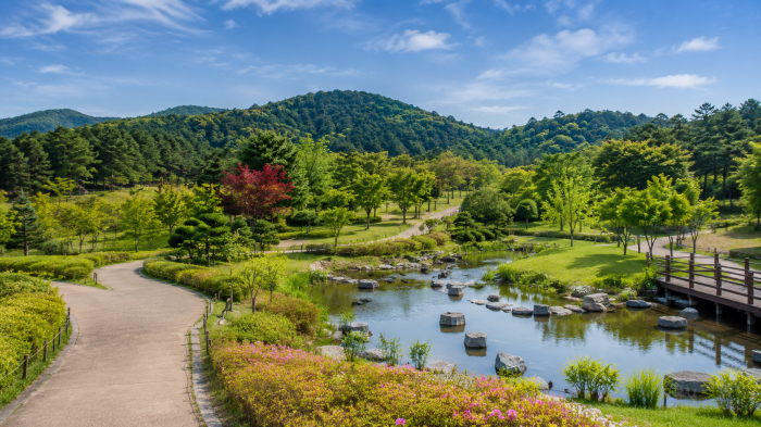생태연못과 산책로, 숲이 펼쳐진 해운대수목원 전경