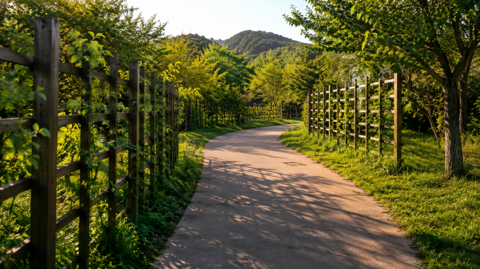 목재 덩굴 구조물 사이로 이어지는 해운대수목원 산책로