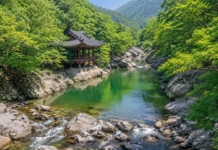 함양 선비문화탐방로 6.2km, 화림동계곡 따라 걷는 여름 트레킹 명소 함양 화림동계곡의 푸른 물길과 숲 사이에 자리한 전통 정자 풍경