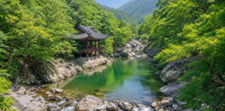 함양 선비문화탐방로 6.2km, 화림동계곡 따라 걷는 여름 트레킹 명소 함양 화림동계곡의 푸른 물길과 숲 사이에 자리한 전통 정자 풍경