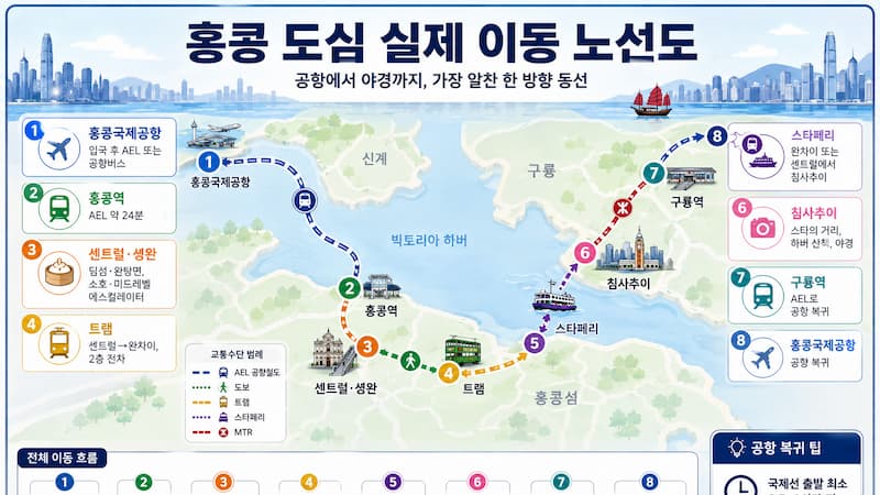 홍콩공항에서 홍콩역과 센트럴, 트램, 스타페리, 침사추이, 구룡역으로 이어지는 실제 이동 노선도