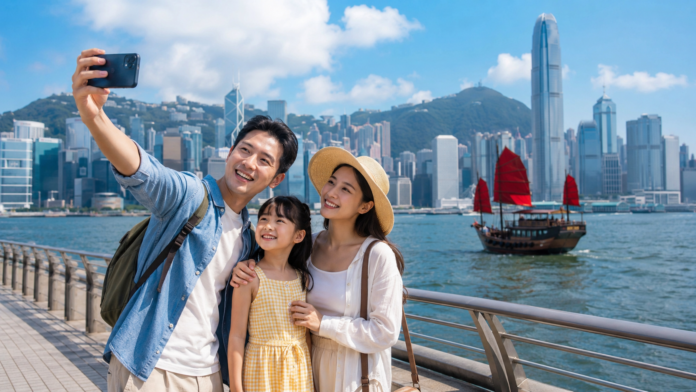hong-kong-family-travel-2-plus-1-harbour-junk-boat 홍콩 빅토리아 하버와 붉은 돛 용선을 배경으로 사진을 찍는 세 식구