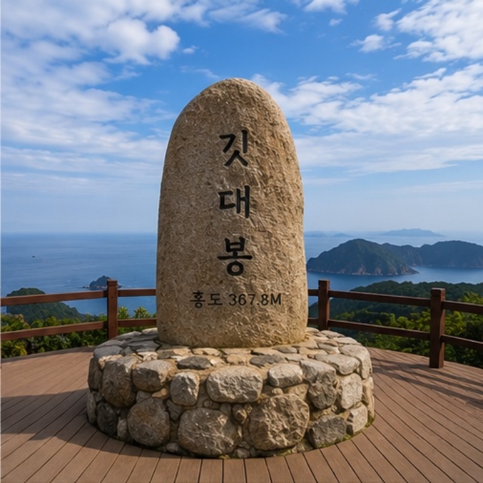홍도 깃대봉 정상석과 다도해 바다 조망