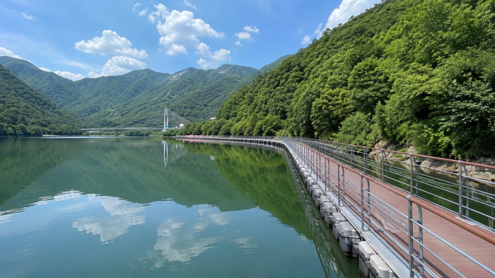 화천 숲으로다리 수상 부교와 푸른 산, 잔잔한 북한강 수면 풍경