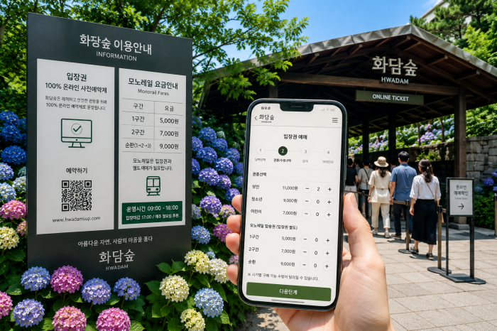 화담숲 입장권 온라인 사전예약과 모노레일 예매 정보를 확인하는 방문객