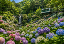 경기도 광주 화담숲 수국원에 7만 송이 수국이 만개하고 모노레일과 숲길이 어우러진 여름 정원 풍경