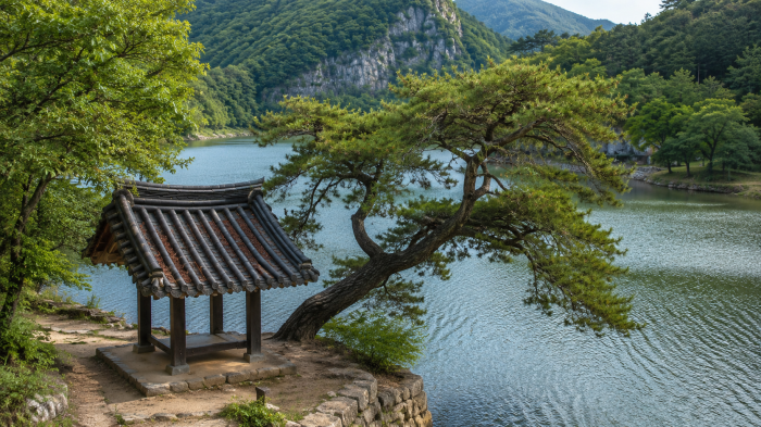 서성저수지 물빛 위에 자리한 화순 환산정과 산자락 풍경