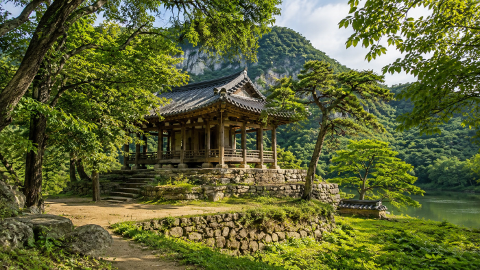 화순 환산정 주변 산자락과 전통 기와 건축 풍경