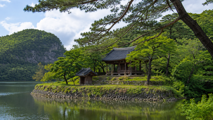 화순 환산정 물가의 노송과 작은 기와 문간채, 저수지 풍경
