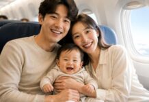 갑작스러운 난기류 속에서 부모가 무릎 위 아기를 붙잡고 있는 여객기 객실