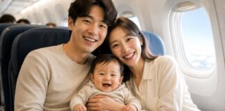 갑작스러운 난기류 속에서 부모가 무릎 위 아기를 붙잡고 있는 여객기 객실