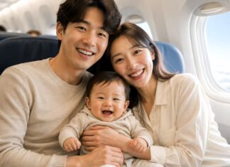 갑작스러운 난기류 속에서 부모가 무릎 위 아기를 붙잡고 있는 여객기 객실