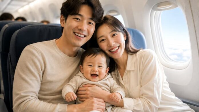 갑작스러운 난기류 속에서 부모가 무릎 위 아기를 붙잡고 있는 여객기 객실