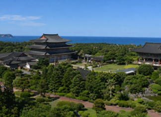 제주 서귀포 약천사 대적광전과 남쪽 바다 전경
