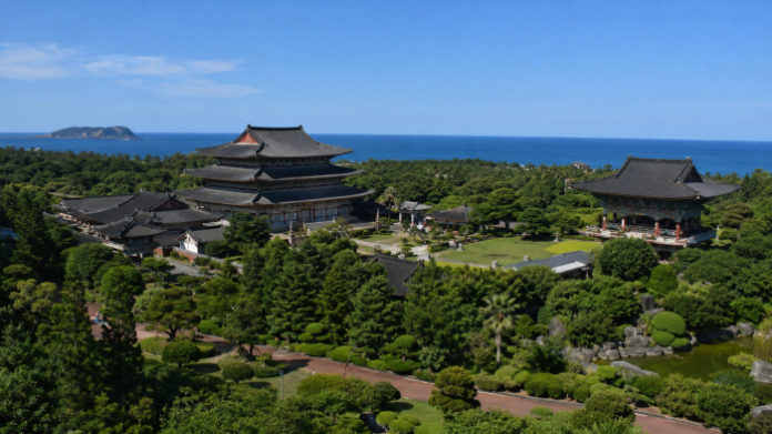 jeju-yakcheonsa-temple-ocean-view 제주 서귀포 약천사 대적광전과 남쪽 바다 전경