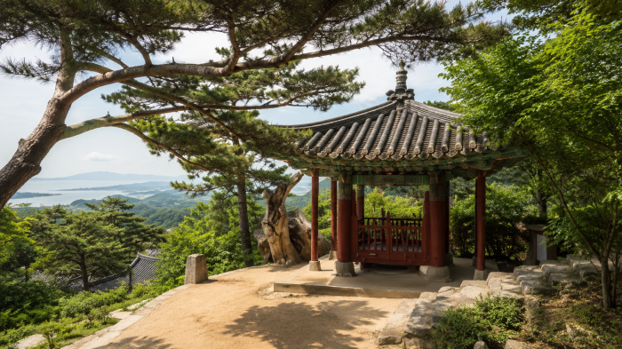강화 바다와 정족산 숲을 바라보는 전등사 범종각