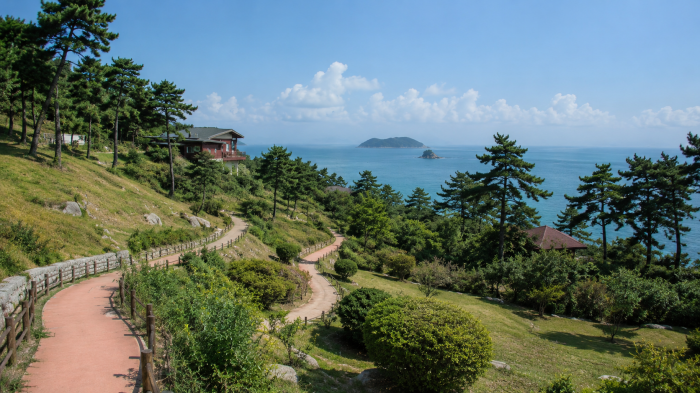 진도 앞바다를 바라보며 이어지는 국립진도자연휴양림 산책로