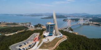 진도타워, 울돌목·진도대교 내려다보는 명량대첩 해상 전망대 망금산 정상 진도타워와 진도대교, 울돌목 해협을 내려다본 전경