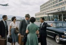 1960년대 한국 관광산업 태동기를 상징하는 공항 도착 장면과 외국인 관광객, 호텔, 택시 이미지