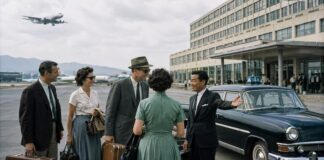1960년대 한국 관광산업 태동기를 상징하는 공항 도착 장면과 외국인 관광객, 호텔, 택시 이미지