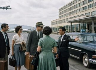 한국관광 5.0 ① 한국 관광의 태동 1960년대 한국 관광산업 태동기를 상징하는 공항 도착 장면과 외국인 관광객, 호텔, 택시 이미지