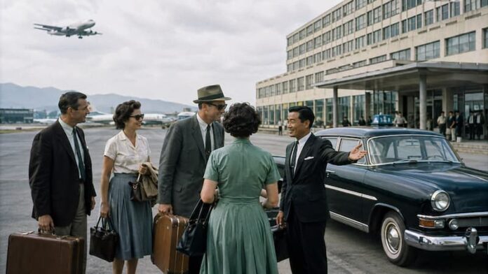 1960년대 한국 관광산업 태동기를 상징하는 공항 도착 장면과 외국인 관광객, 호텔, 택시 이미지