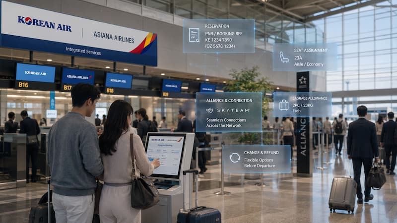 통합 대한항공의 예약 좌석 수하물 환불 서비스를 확인하는 공항 승객